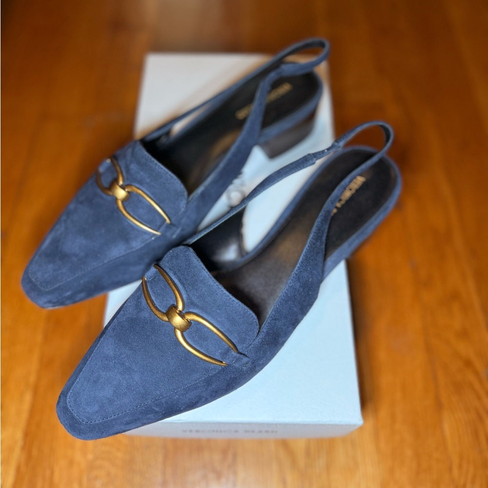 VERONICA BEARD Casie Slingback Pump in Navy Blue Suede with a Gold-Tone Buckle - Picture 2 of 13